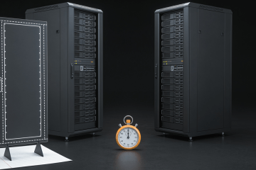 A paper cutout server rack beside a real rack, with a stopwatch between them