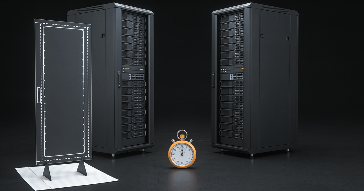 A paper recovery design beside two real server racks and a stopwatch
