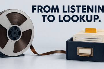 An audio reel beside indexed source cards, illustrating the move from listening to searchable passages