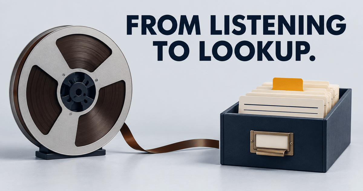 An audio reel beside indexed source cards, illustrating the move from listening to searchable passages