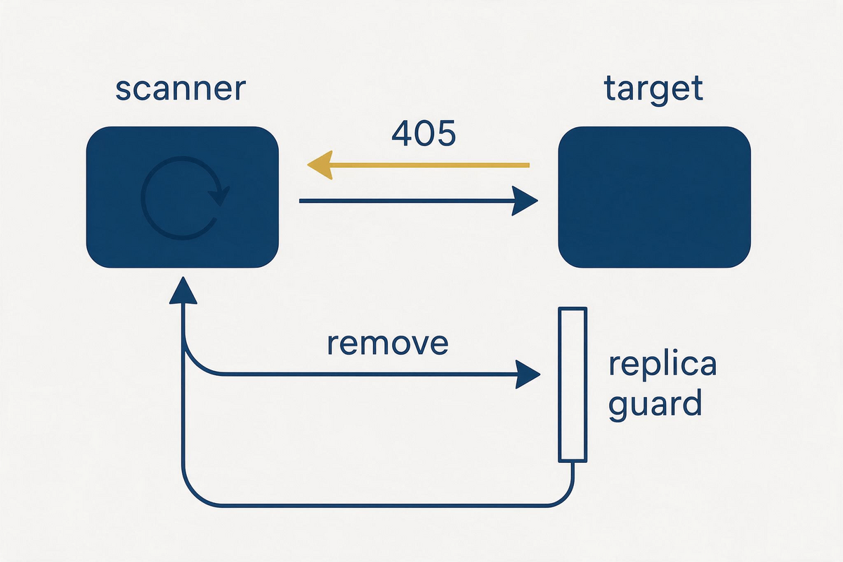 Diagram of the MinIO replication loop: scanner probes the target, the 405 answer re-enters the scanner, the RemoveObject attempt is stopped by the replica guard and the version is re-queued