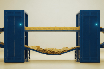 Two MinIO sites locked in a closed replication loop: delete markers stamped 405 circulate endlessly between two racks, piling up instead of converging