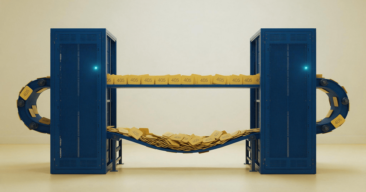 Two MinIO sites locked in a closed replication loop: delete markers stamped 405 circulate endlessly between two racks, piling up instead of converging