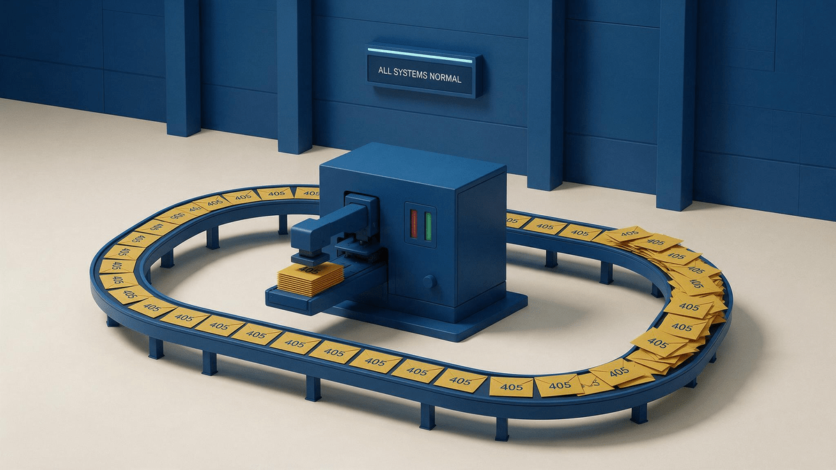 A sorting machine stamps every envelope with 405 and feeds it back onto its own conveyor loop while the status board above reads all systems normal