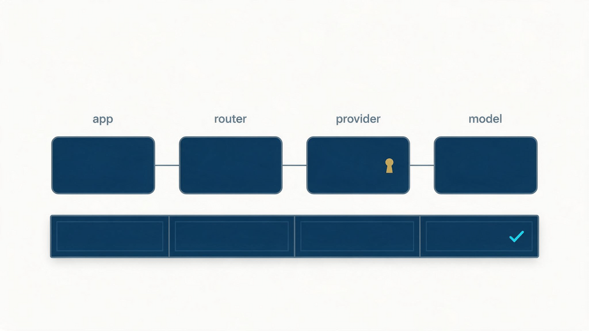 Schematic: application, router, provider and model linked in a chain above a four-segment audit bar