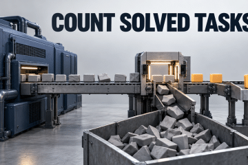 An industrial model-output line diverts failed tasks into a reject bin while verified amber tasks reach the finished-work tray.