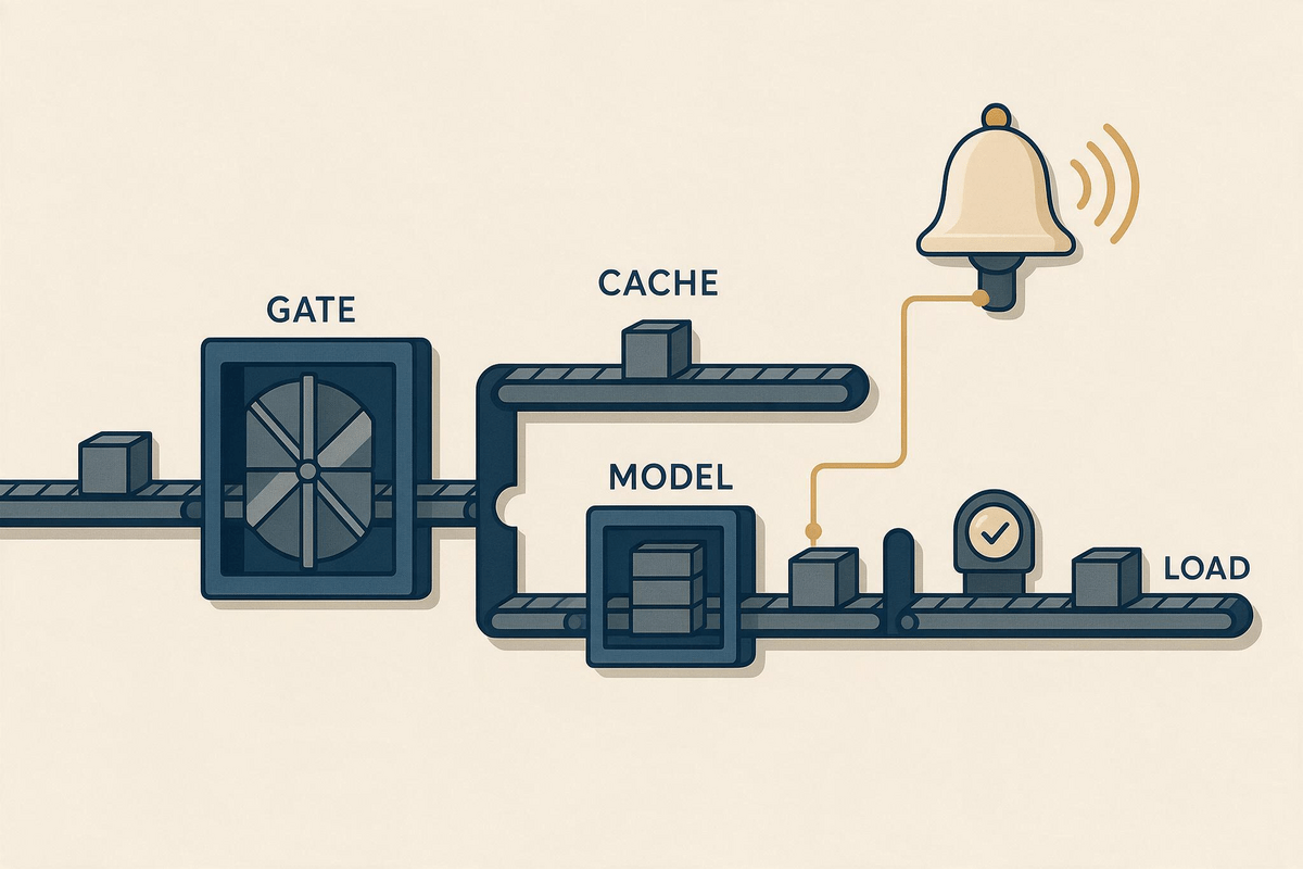 Flat schematic: records enter a queue, a gate verifies model version and schema, then proceed through cache or model call paths before the load step, with a drift alarm monitoring output