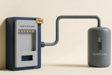 A navy vending machine labeled GLM 5.3 FLASH and FREE on a cream background, with a pipe from its back feeding a tank labeled PROMPT LOGS