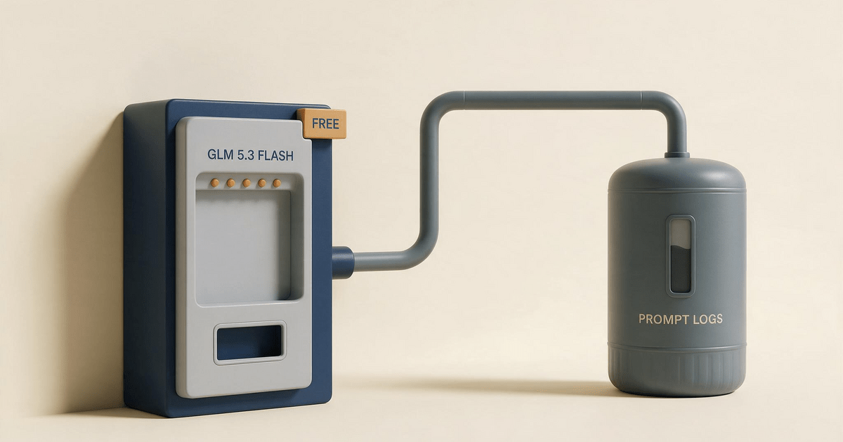 A navy vending machine labeled GLM 5.3 FLASH and FREE on a cream background, with a pipe from its back feeding a tank labeled PROMPT LOGS