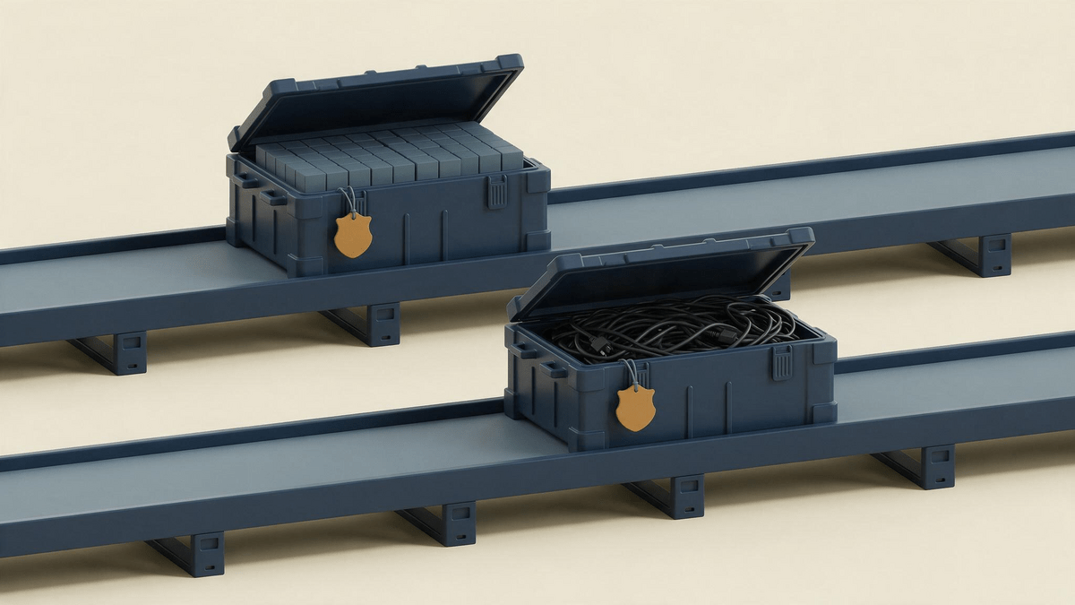 Two identical parcels labeled with the same model name traveling on parallel conveyors, one opened to reveal different contents
