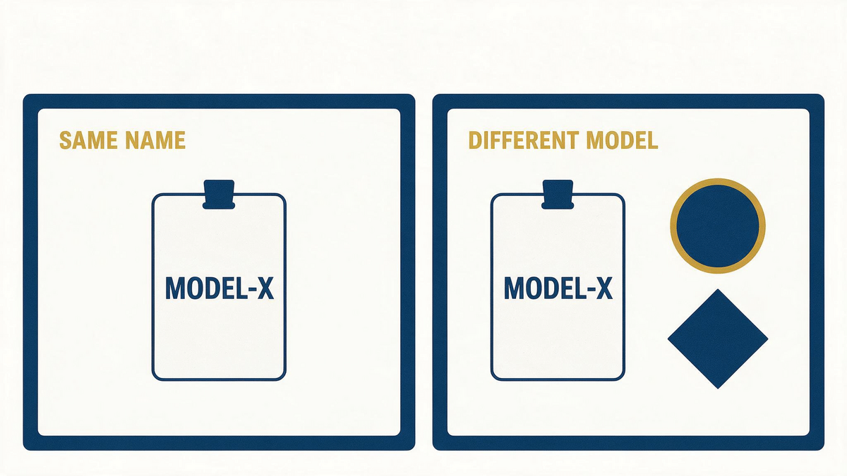 Two panels: a name badge marked same name and the same badge beside a changed shape marked different model