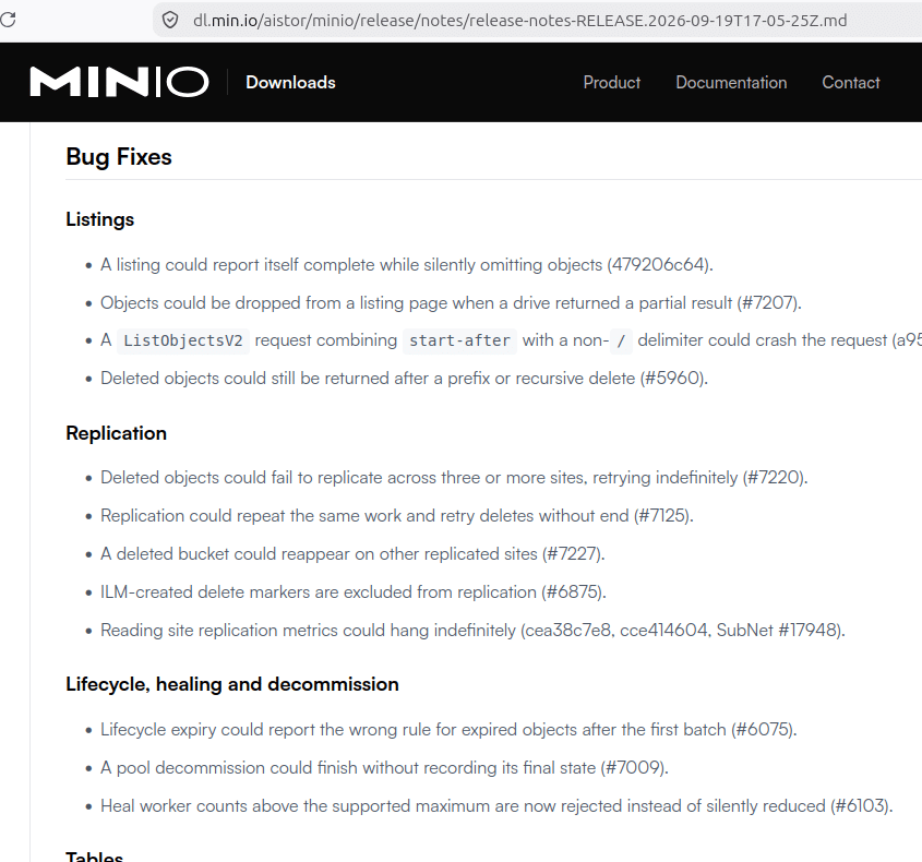 Screenshot of the AIStor RELEASE.2026-09-19 bug fix list showing five replication entries including retrying deletes without end and ILM delete markers excluded from replication