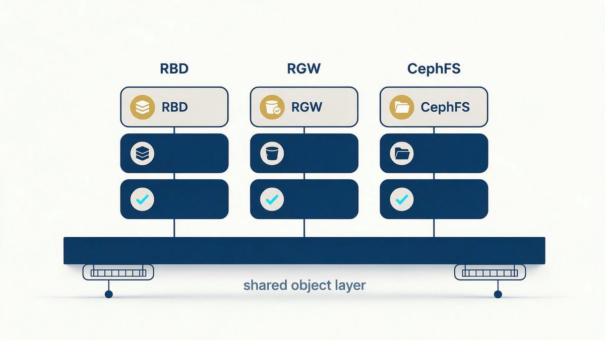 Schematic: three storage surfaces RBD, RGW and CephFS standing on one shared object layer