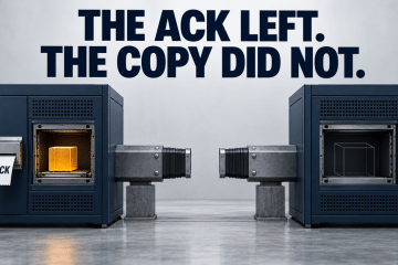A source storage bay contains one acknowledged object while an interrupted link leaves the peer bay empty.