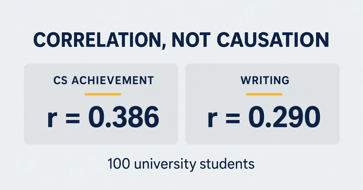 CS achievement r = 0.386 and writing r = 0.290, reported correlations from a study of 100 university students