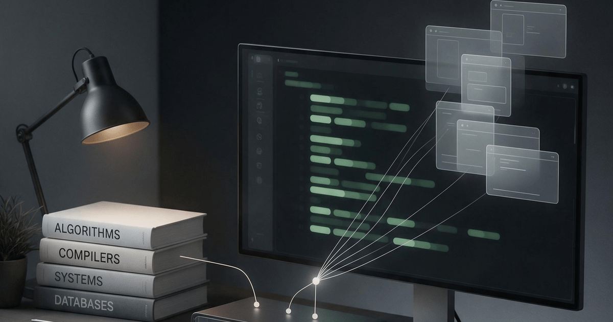 A stack of classic computer science textbooks beside a dark monitor where parallel AI agent threads converge into one glowing review queue, the fundamentals feeding the review gate