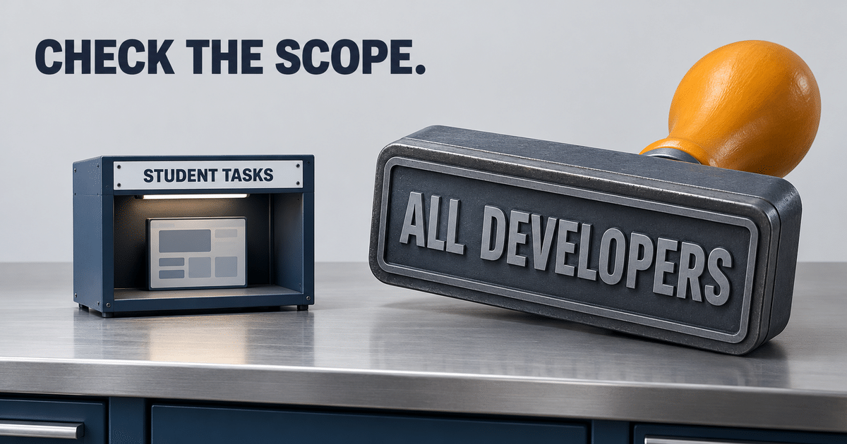 A student-task test enclosure beside an oversized all-developers verdict stamp