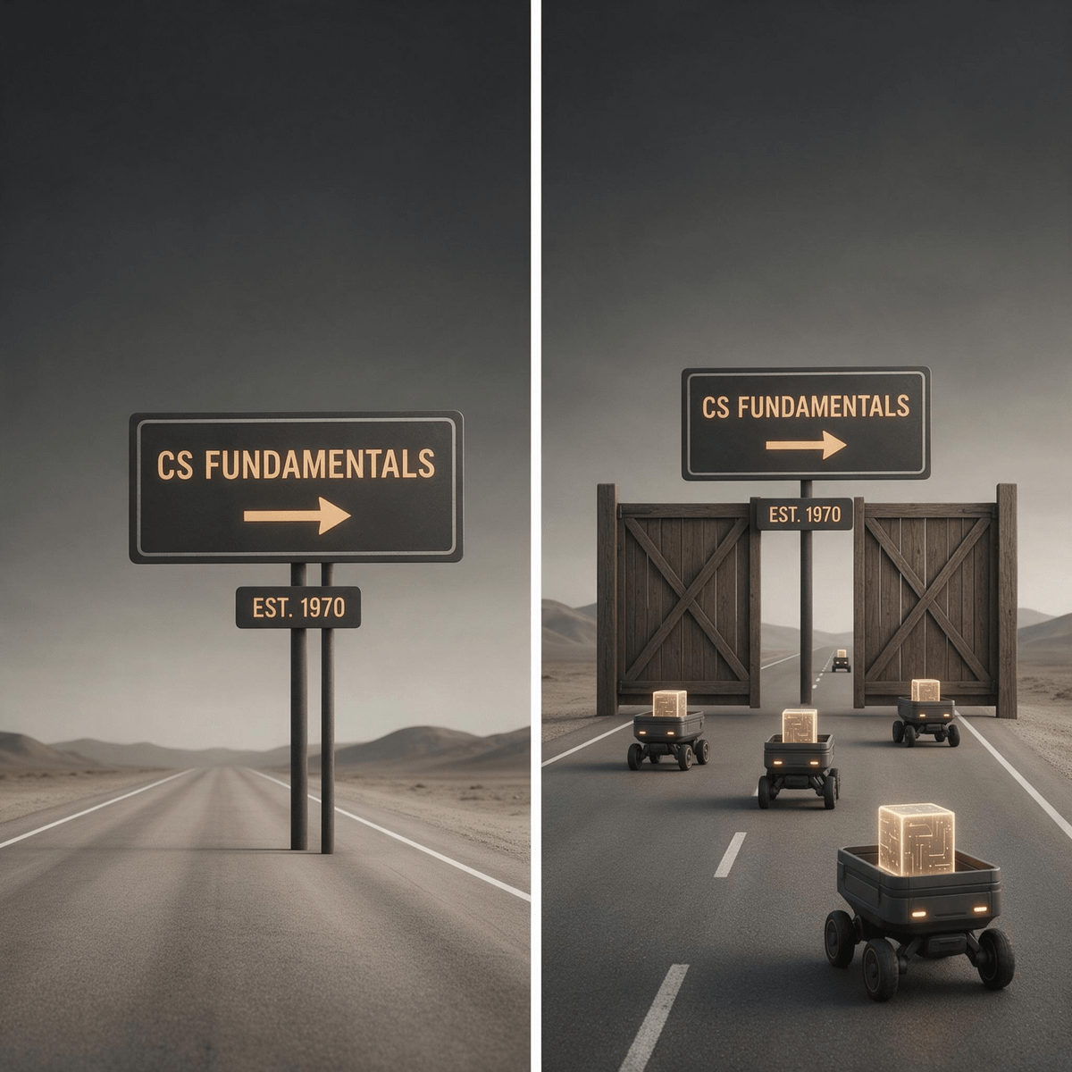 Two-panel road joke: an old CS Fundamentals road sign from 1970, then a line of small delivery robots carrying glowing code blocks stopping at the same sign on their way through the gate