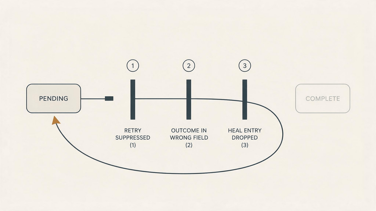 Schematic: a purge state flow leaves PENDING, stops at three closed gates labeled retry suppressed, outcome in wrong field and heal entry dropped, and a return loop sends it back to PENDING while COMPLETE stays unreached