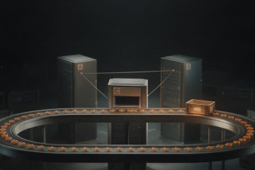 Three server racks labeled A, B and C joined by a closed oval conveyor loop where one amber crate labeled 405 circulates endlessly, never docking at the open slot on rack C