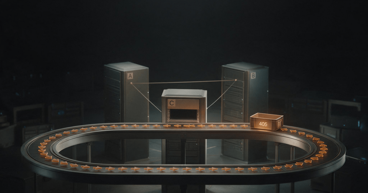 Three server racks labeled A, B and C joined by a closed oval conveyor loop where one amber crate labeled 405 circulates endlessly, never docking at the open slot on rack C