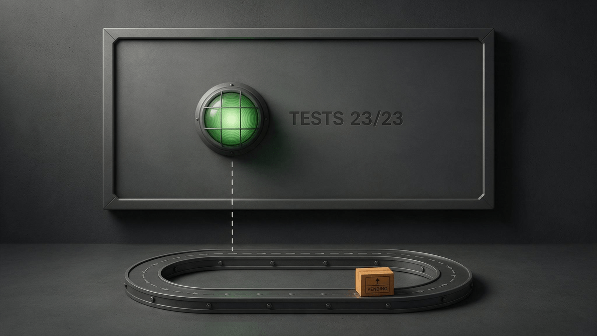 A dark status board with a green lamp reading TESTS 23/23 sits above a small conveyor loop where a crate labeled PENDING keeps circling