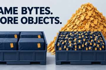 The same payload volume split into a few large objects or many small objects, with an exaggerated pile of metadata tags