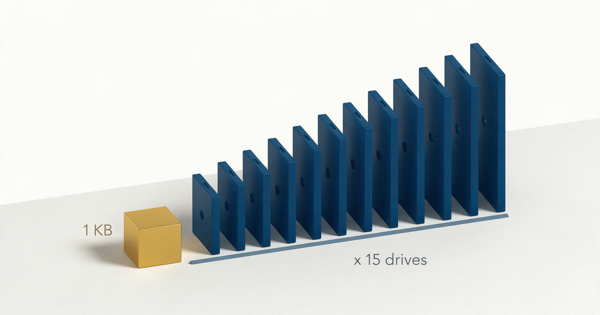 A one kilobyte object fanning out into fifteen metadata copies, one per drive of the erasure set