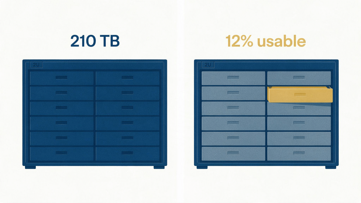 Two panels: a full 210 TB storage rack and the same rack with only 12 percent usable capacity highlighted