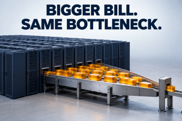A large server bank feeds a narrow processing gate, with work queuing before it, under the headline Bigger bill. Same bottleneck.