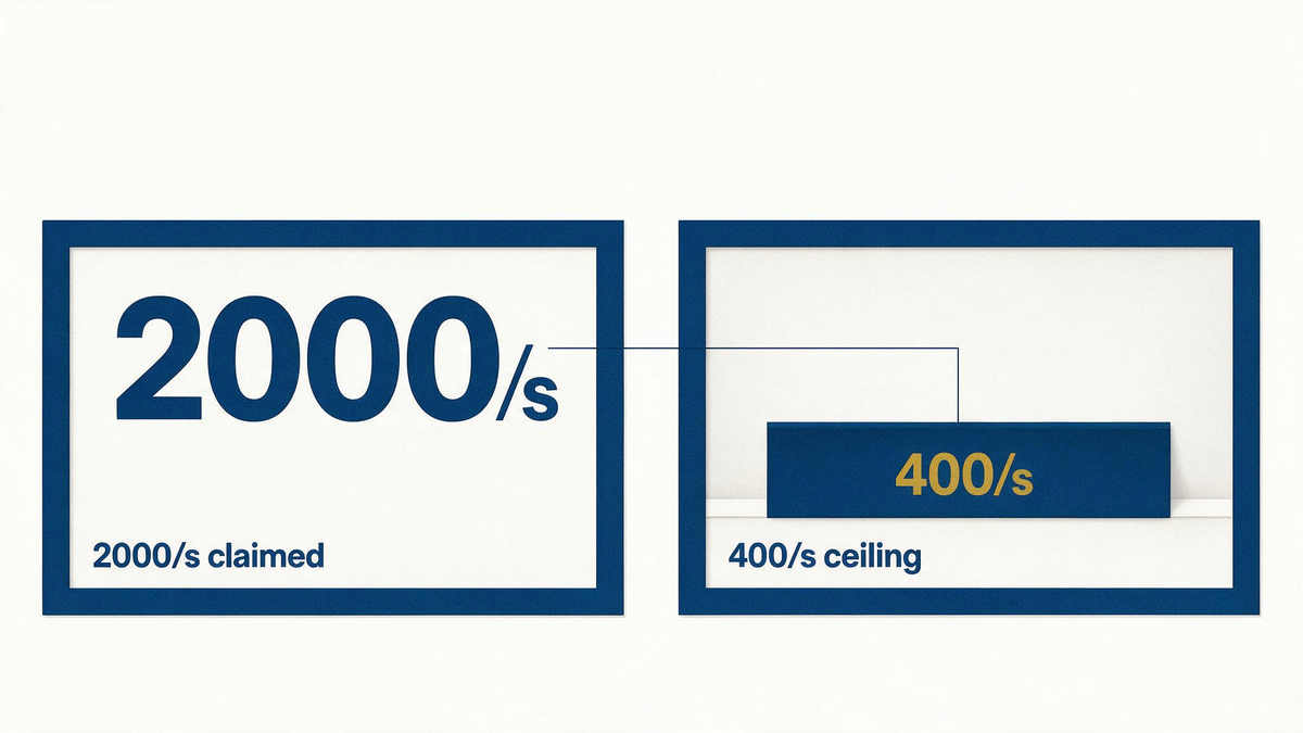 Two panels: a scoreboard claiming 2000 per second and a low bar showing the 400 per second ceiling