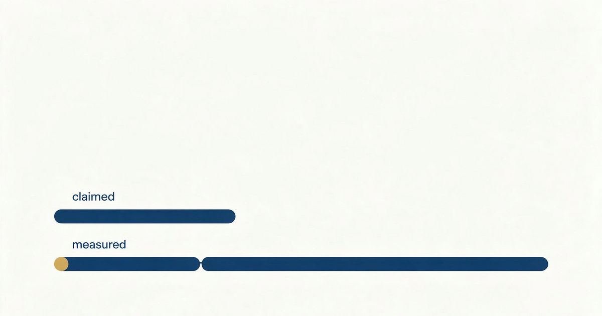 Two bars comparing a short claimed recovery duration with a far longer measured one interrupted by a waiting gap