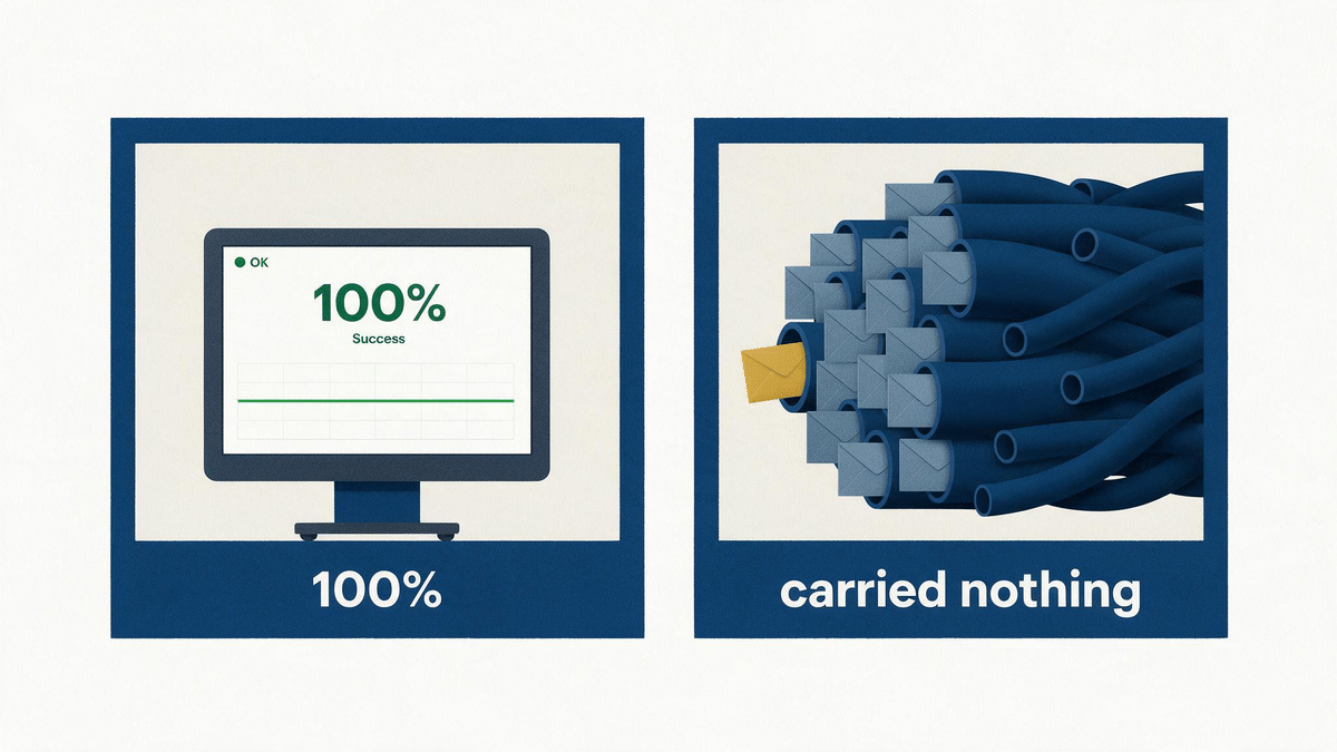 Two panels: a monitoring screen showing 100 percent success and pipes stuffed with envelopes carrying nothing