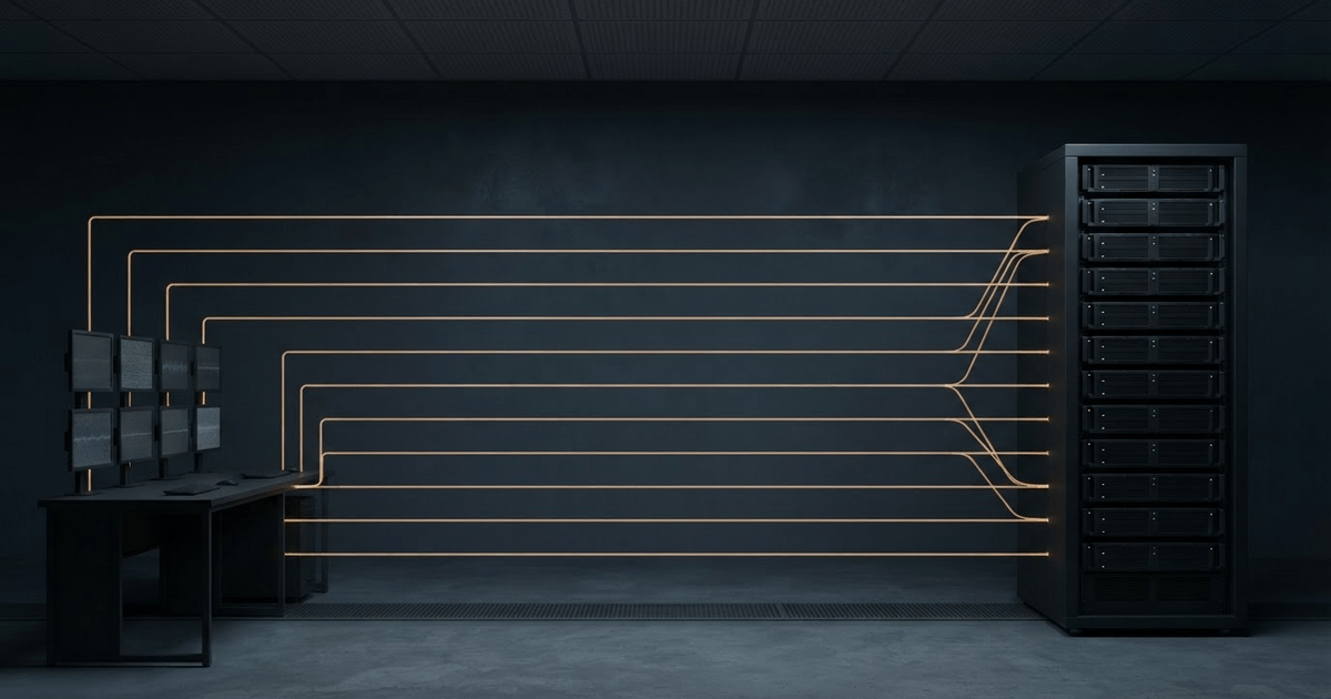 GPU rack with ten unbroken luminous conduits running to ten separate terminal screens, illustrating concurrent AI streaming sessions