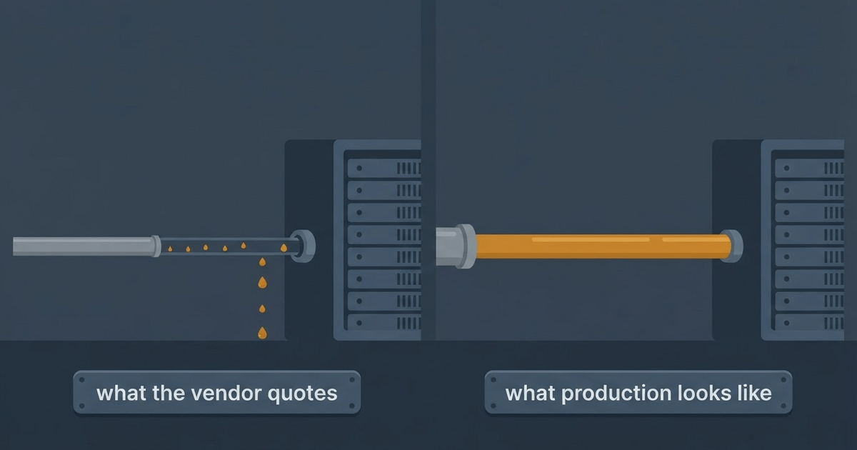 Two-panel comparison: a thin pipe with droplets labeled what the vendor quotes, and a wide pipe with a continuous amber stream labeled what production looks like