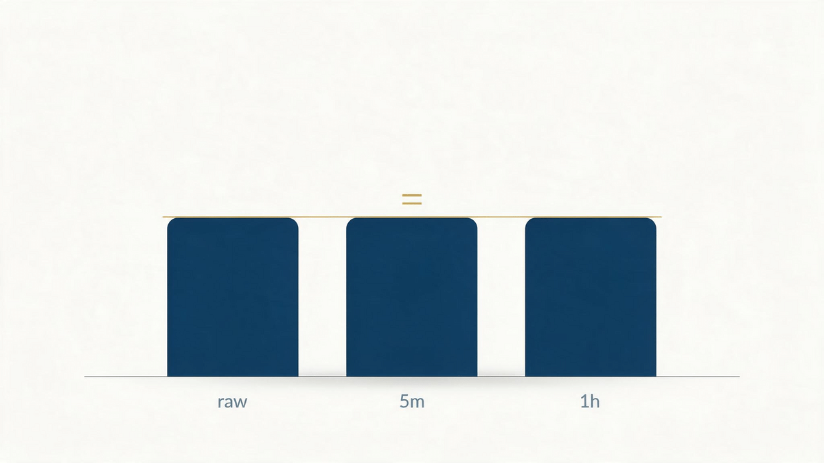 Three bars of equal height labelled raw, 5m and 1h joined by an equality marker