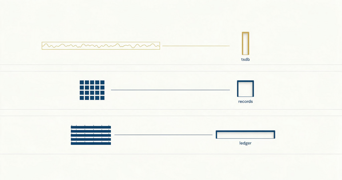 Three lanes: a time series waveform, a record grid and ledger rows each aligned to its matching engine slot