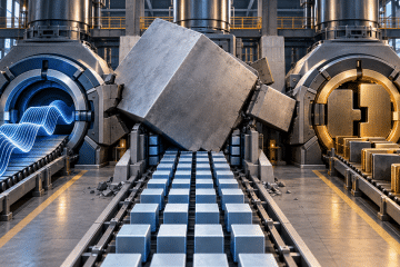 Three data streams meet purpose-built engine slots while one oversized generic cube jams across the paths