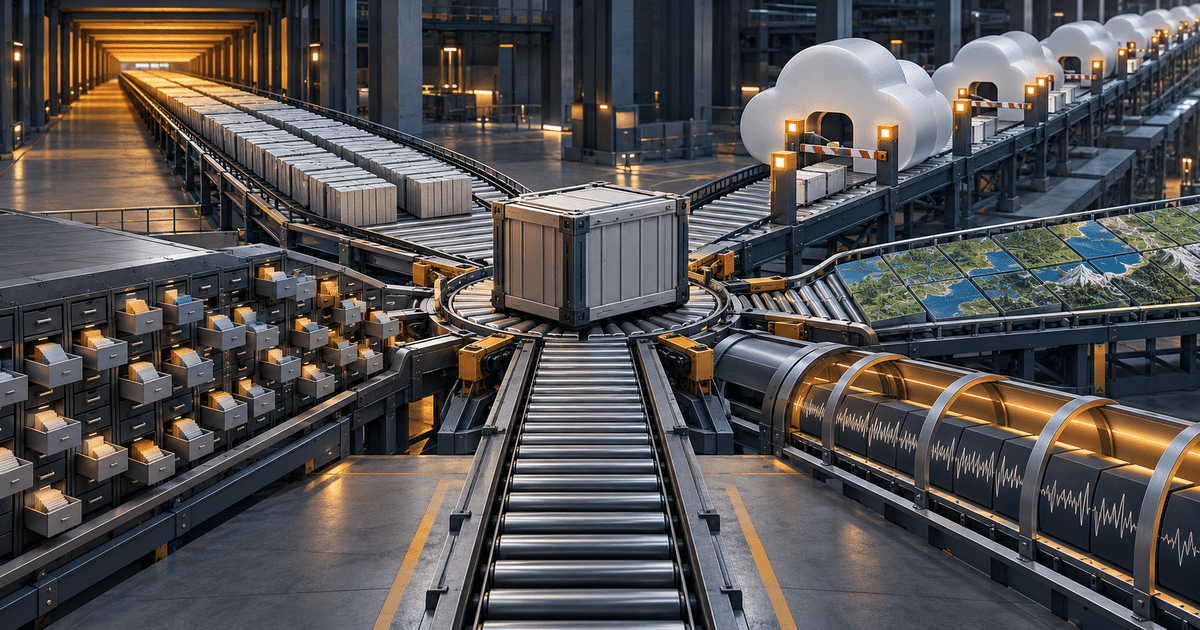 A data file at a switching yard where scan, random-access, object-storage, geospatial and time-series paths diverge