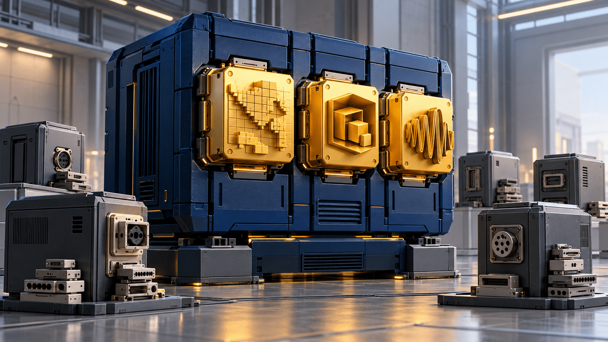 A modular navy data-format machine carries three new gold modules while older reader machines adapt their connectors