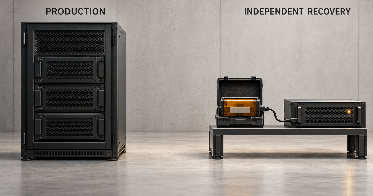 An unlit production rack stands apart from a working recovery server connected to a removable backup cartridge in its own case.