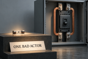Conceptual illustration of a small blown fuse on a plinth labeled One Bad Actor, beside a circuit breaker bypassed by copper links.