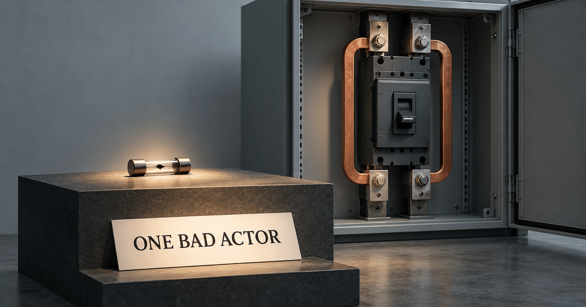Conceptual illustration of a small blown fuse on a plinth labeled One Bad Actor, beside a circuit breaker bypassed by copper links.