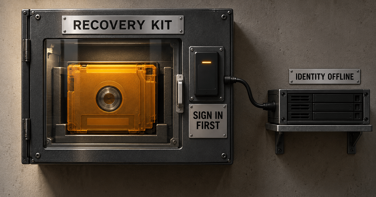 A backup cartridge sits behind a glass door labeled Recovery Kit and Sign In First, with its access reader connected to an offline identity server.