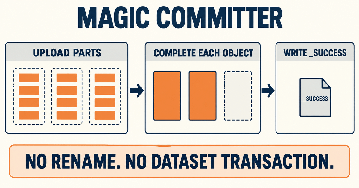 Magic committer stages: upload parts, complete each object, then write the success marker; no dataset transaction.