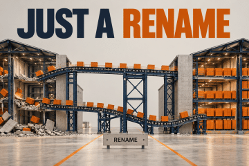 Two warehouses linked by conveyors illustrate S3A rename copying objects to new keys and deleting the originals.