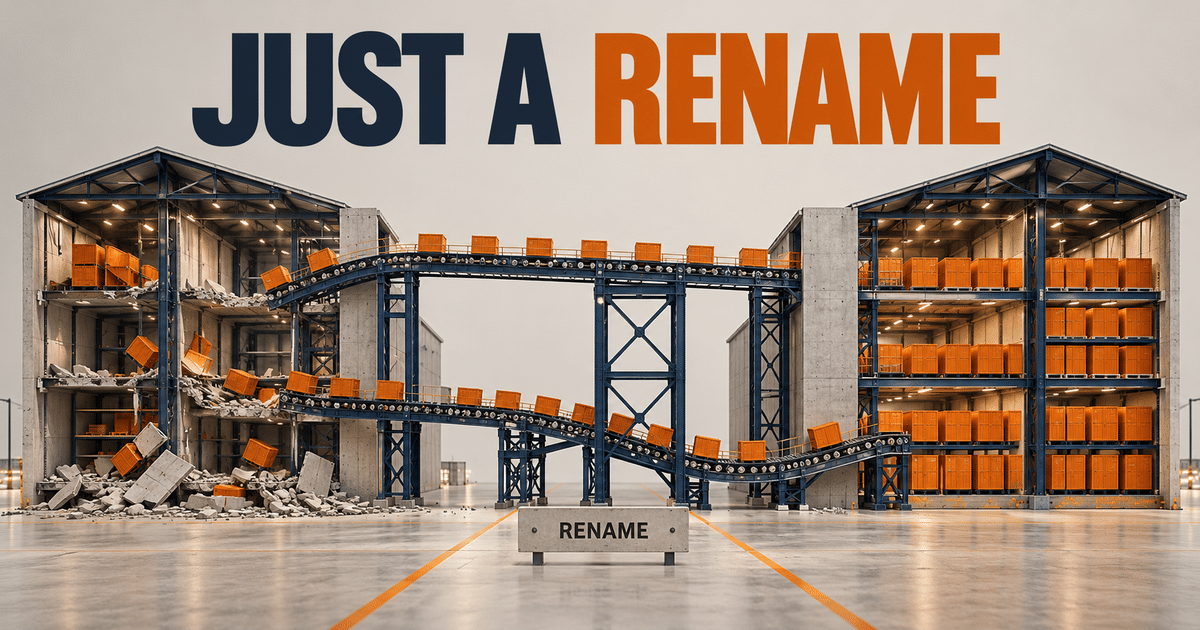 Two warehouses linked by conveyors illustrate S3A rename copying objects to new keys and deleting the originals.