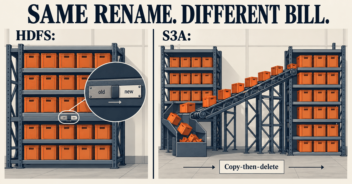 HDFS changes a nameplate; S3A copies storage crates into a second shelving bay and deletes the originals.